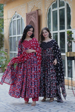 Thumbnail for Jyoti Fashion Women's Maroon & Black Cotton Printed Designer Combo Anarkali Set with Dupatta - Distacart