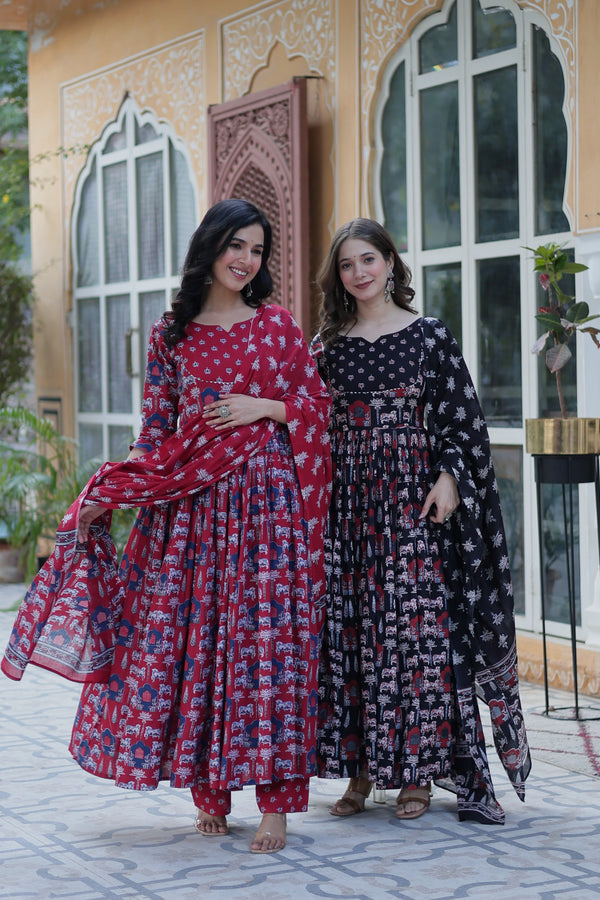 Jyoti Fashion Women's Maroon & Black Cotton Printed Designer Combo Anarkali Set with Dupatta - Distacart