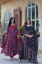 Thumbnail for Jyoti Fashion Women's Maroon & Black Cotton Printed Designer Combo Anarkali Set with Dupatta - Distacart