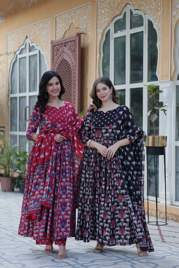 Jyoti Fashion Women's Maroon & Black Cotton Printed Designer Combo Anarkali Set with Dupatta - Distacart