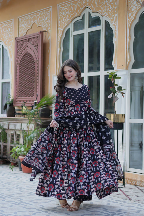 Jyoti Fashion Women's Black Cotton Printed Designer Anarkali Set with Dupatta - Distacart