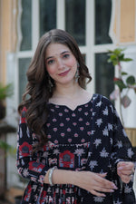 Thumbnail for Jyoti Fashion Women's Black Cotton Printed Designer Anarkali Set with Dupatta - Distacart