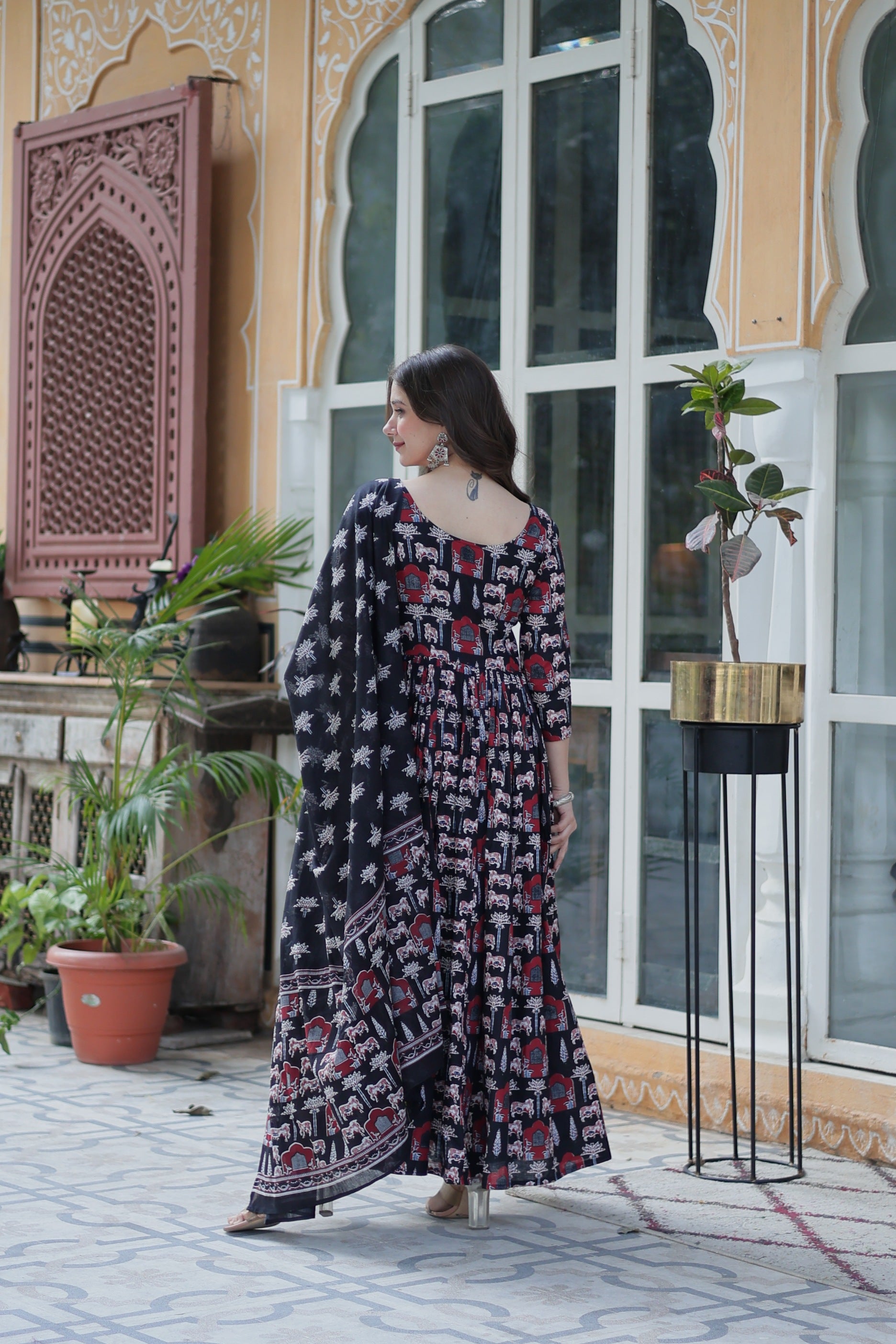 Jyoti Fashion Women's Black Cotton Printed Designer Anarkali Set with Dupatta - Distacart