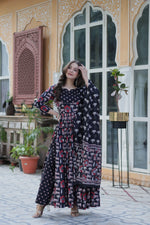Thumbnail for Jyoti Fashion Women's Black Cotton Printed Designer Anarkali Set with Dupatta - Distacart