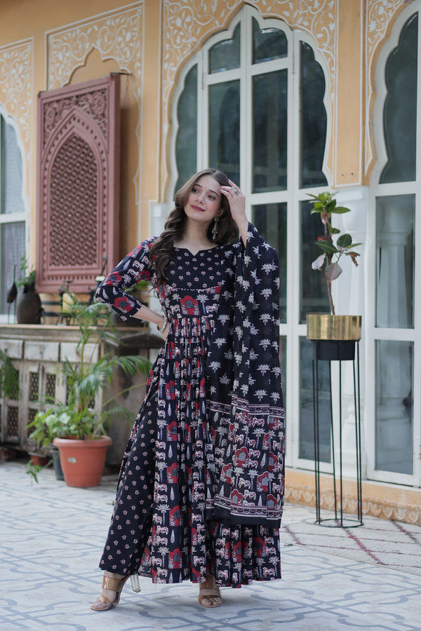 Jyoti Fashion Women's Black Cotton Printed Designer Anarkali Set with Dupatta - Distacart