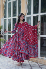 Thumbnail for Jyoti Fashion Women's Maroon Cotton Printed Designer Anarkali Set with Dupatta - Distacart