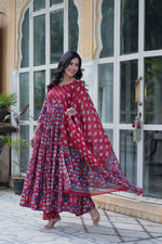 Thumbnail for Jyoti Fashion Women's Maroon Cotton Printed Designer Anarkali Set with Dupatta - Distacart