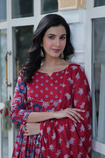 Thumbnail for Jyoti Fashion Women's Maroon Cotton Printed Designer Anarkali Set with Dupatta - Distacart