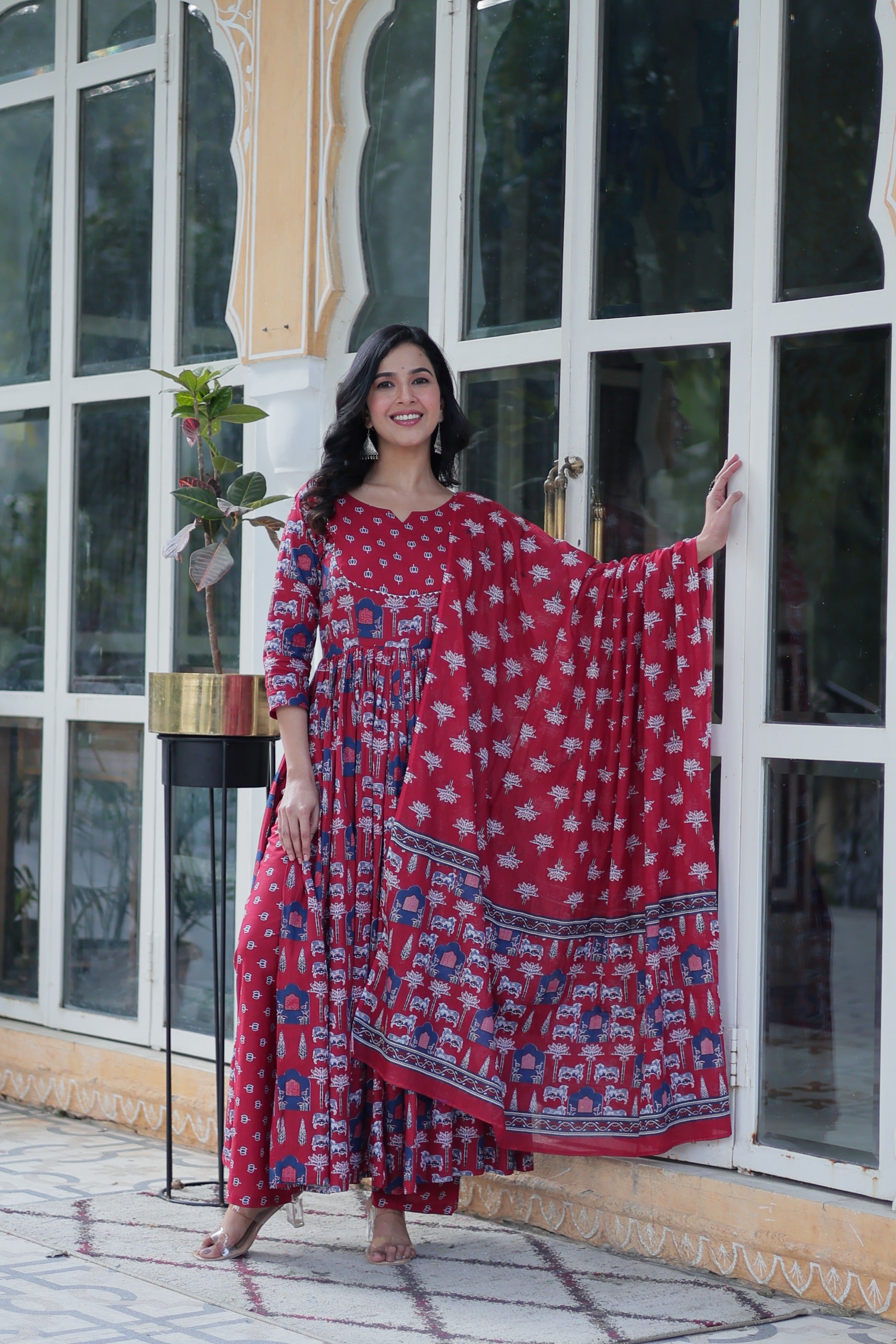 Jyoti Fashion Women's Maroon Cotton Printed Designer Anarkali Set with Dupatta - Distacart