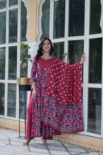 Thumbnail for Jyoti Fashion Women's Maroon Cotton Printed Designer Anarkali Set with Dupatta - Distacart