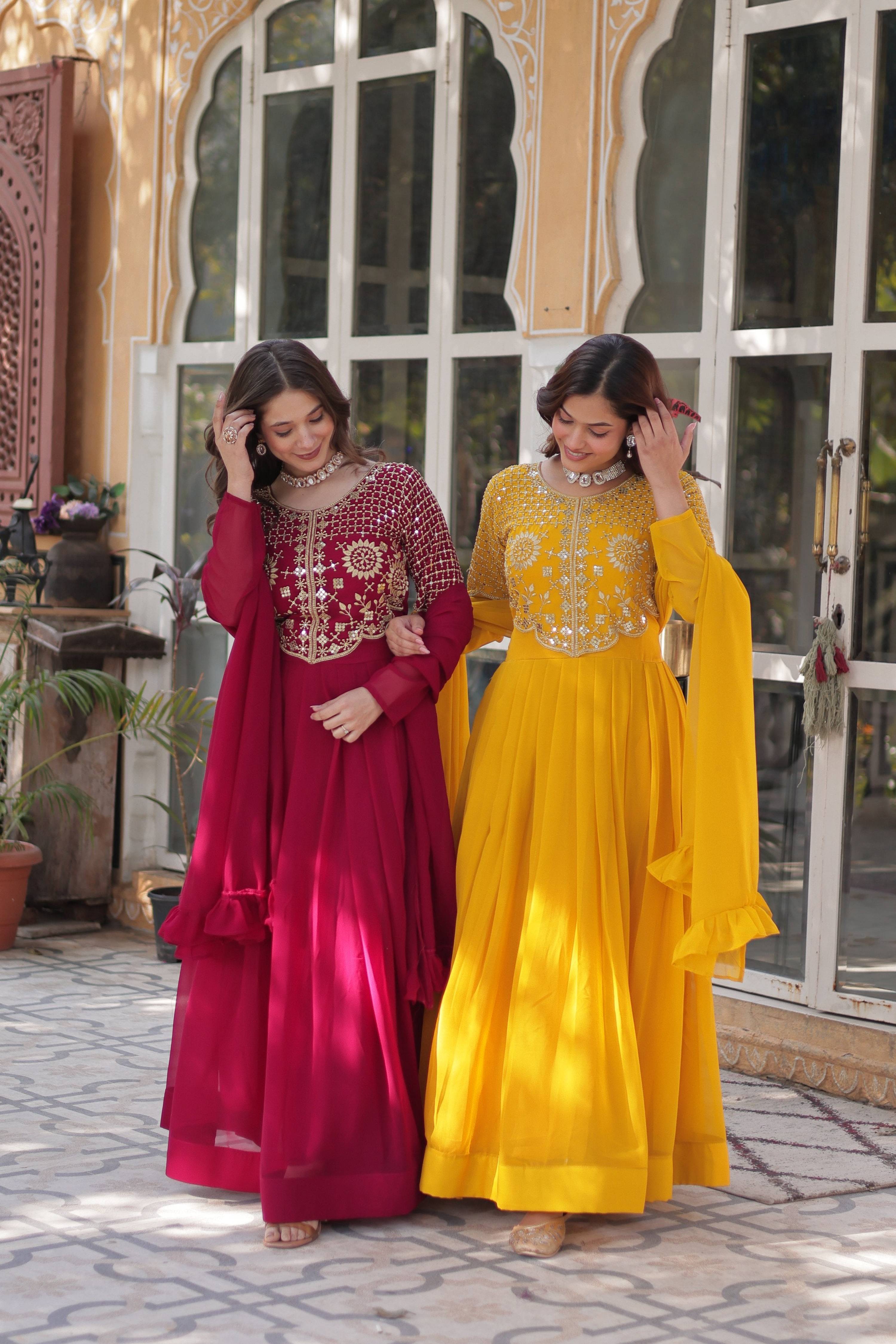 Jyoti Fashion Women's Pink & Yellow Faux Georgette Embroidered Designer Combo Anarkali Set with Dupatta - Distacart