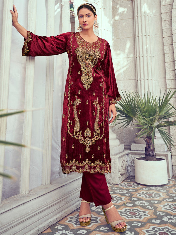 Jyoti Fashion Women's Maroon Velvet Cording with Digital Printed Kurta with Trouser & Dupatta - Distacart