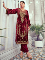 Thumbnail for Jyoti Fashion Women's Maroon Velvet Cording with Digital Printed Kurta with Trouser & Dupatta - Distacart