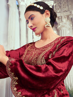 Thumbnail for Jyoti Fashion Women's Maroon Velvet Cording with Digital Printed Kurta with Trouser & Dupatta - Distacart