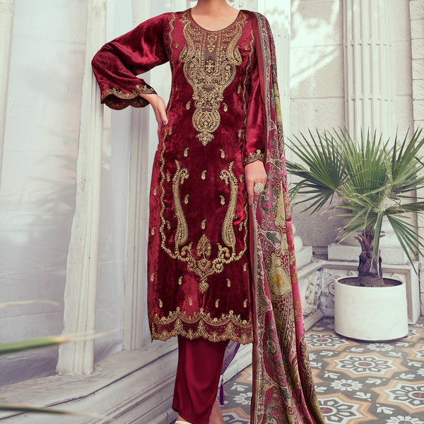 Jyoti Fashion Women's Maroon Velvet Cording with Digital Printed Kurta with Trouser & Dupatta - Distacart