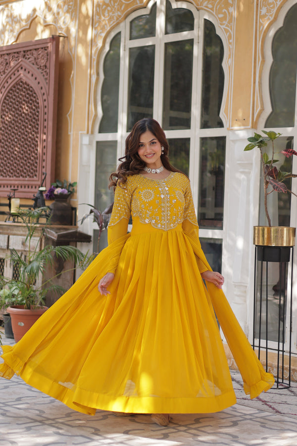Jyoti Fashion Women's Yellow Faux Georgette Embroidered Designer Anarkali Set with Dupatta - Distacart