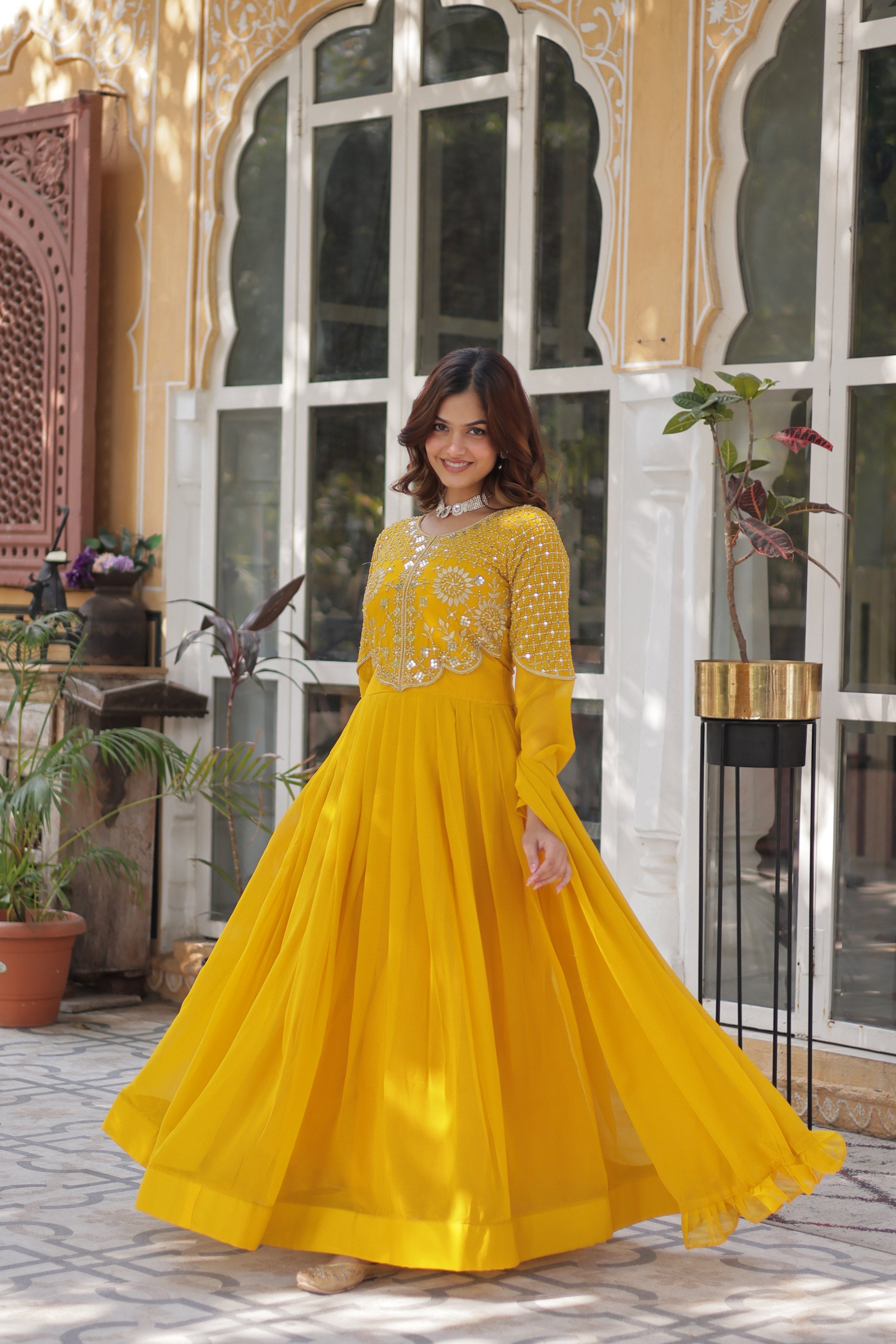 Jyoti Fashion Women's Yellow Faux Georgette Embroidered Designer Anarkali Set with Dupatta - Distacart