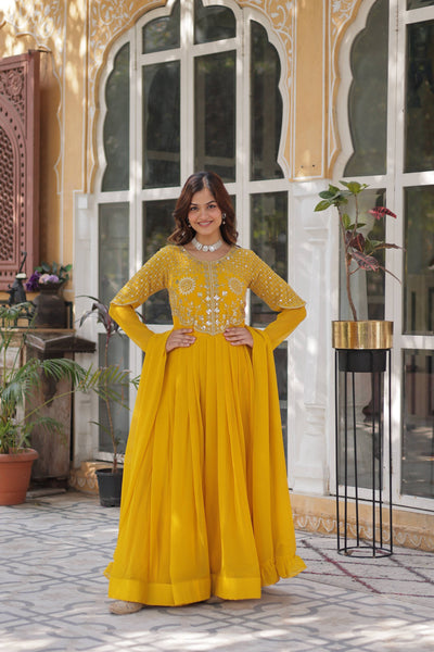 Jyoti Fashion Women's Yellow Faux Georgette Embroidered Designer Anarkali Set with Dupatta - Distacart