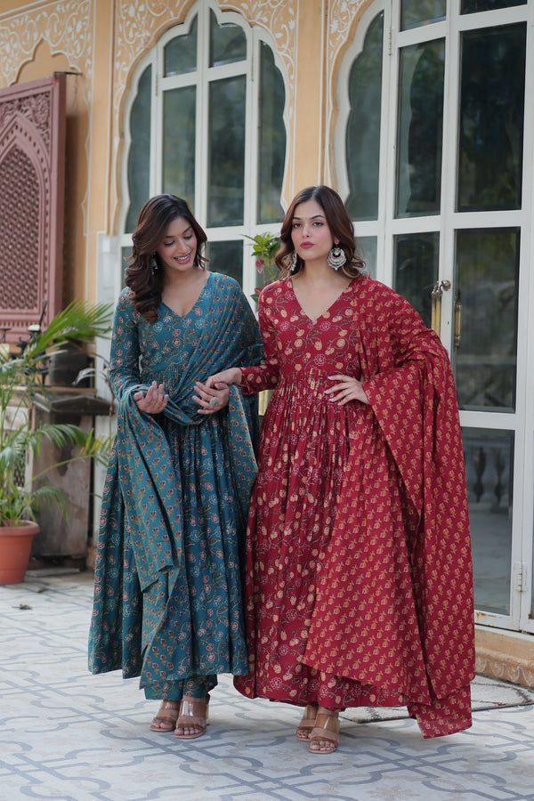 Jyoti Fashion Women's Rama & Maroon Cotton Printed Designer Combo Anarkali Set with Dupatta - Distacart