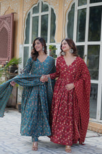 Thumbnail for Jyoti Fashion Women's Rama & Maroon Cotton Printed Designer Combo Anarkali Set with Dupatta - Distacart