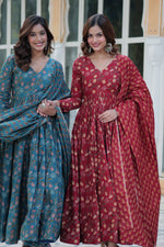 Thumbnail for Jyoti Fashion Women's Rama & Maroon Cotton Printed Designer Combo Anarkali Set with Dupatta - Distacart