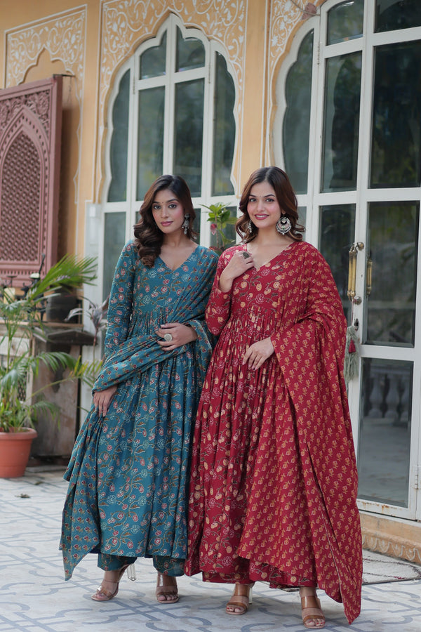 Jyoti Fashion Women's Rama & Maroon Cotton Printed Designer Combo Anarkali Set with Dupatta - Distacart