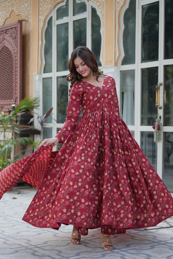 Jyoti Fashion Women's Maroon Cotton Printed Designer Anarkali Set with Dupatta - Distacart