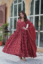 Thumbnail for Jyoti Fashion Women's Maroon Cotton Printed Designer Anarkali Set with Dupatta - Distacart
