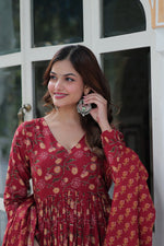 Thumbnail for Jyoti Fashion Women's Maroon Cotton Printed Designer Anarkali Set with Dupatta - Distacart