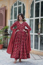 Thumbnail for Jyoti Fashion Women's Maroon Cotton Printed Designer Anarkali Set with Dupatta - Distacart