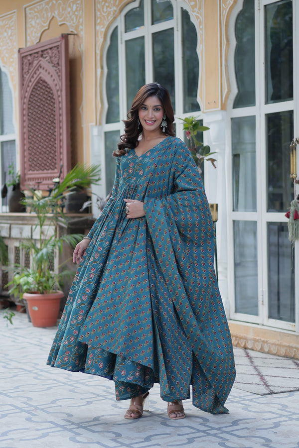 Jyoti Fashion Women's Rama Cotton Printed Designer Anarkali Set with Dupatta - Distacart