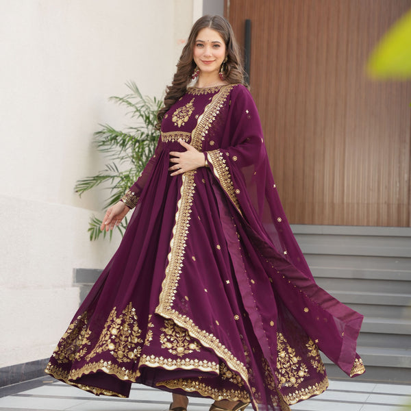 Jyoti Fashion Women's Wine Faux Georgette Zari Thread & Sequins Embroidered Anarkali Set with Dupatta - Distacart
