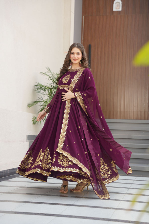 Jyoti Fashion Women's Wine Faux Georgette Zari Thread & Sequins Embroidered Anarkali Set with Dupatta - Distacart