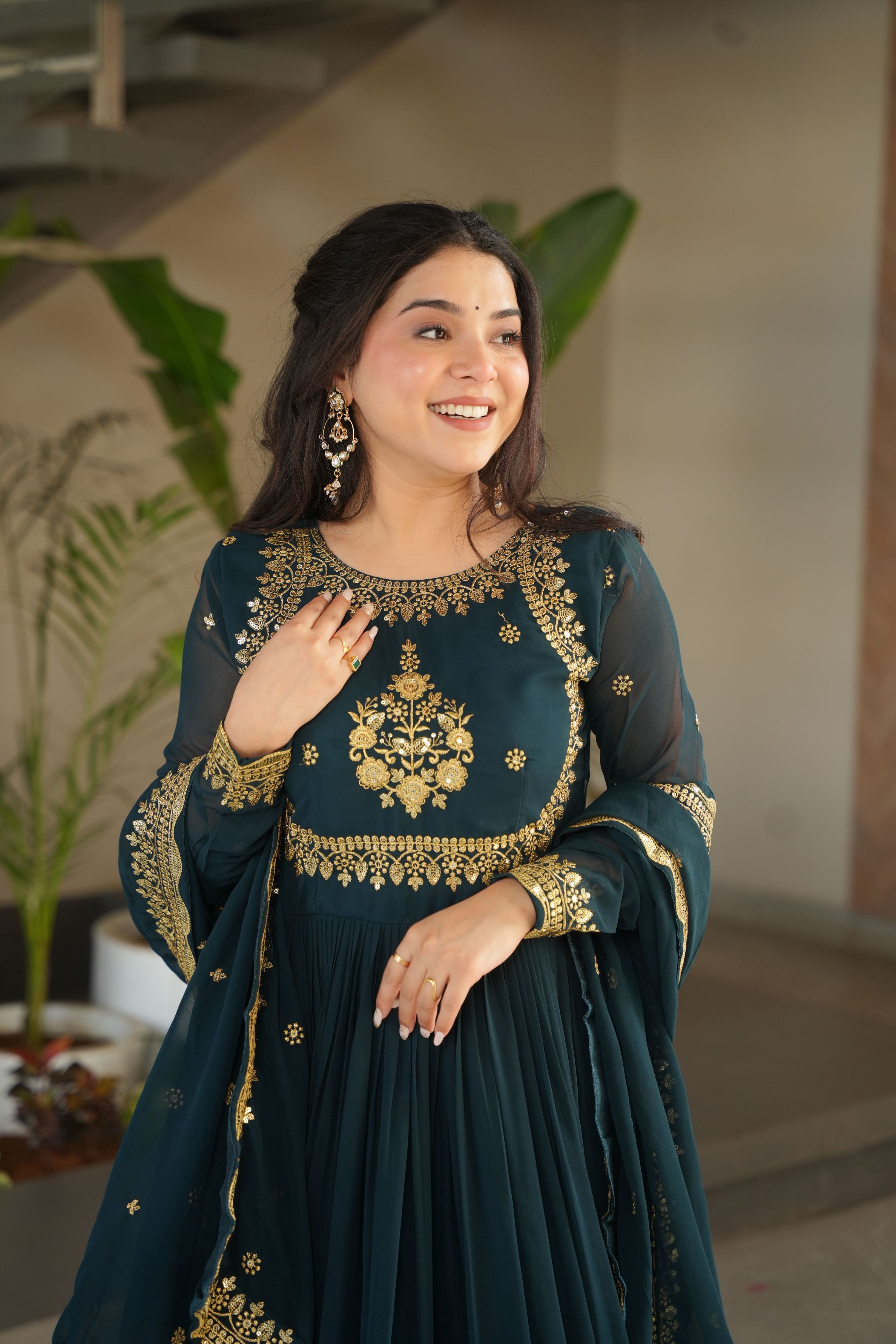 Jyoti Fashion Women's Rama Faux Georgette Zari Thread & Sequins Embroidered Anarkali Set with Dupatta - Distacart