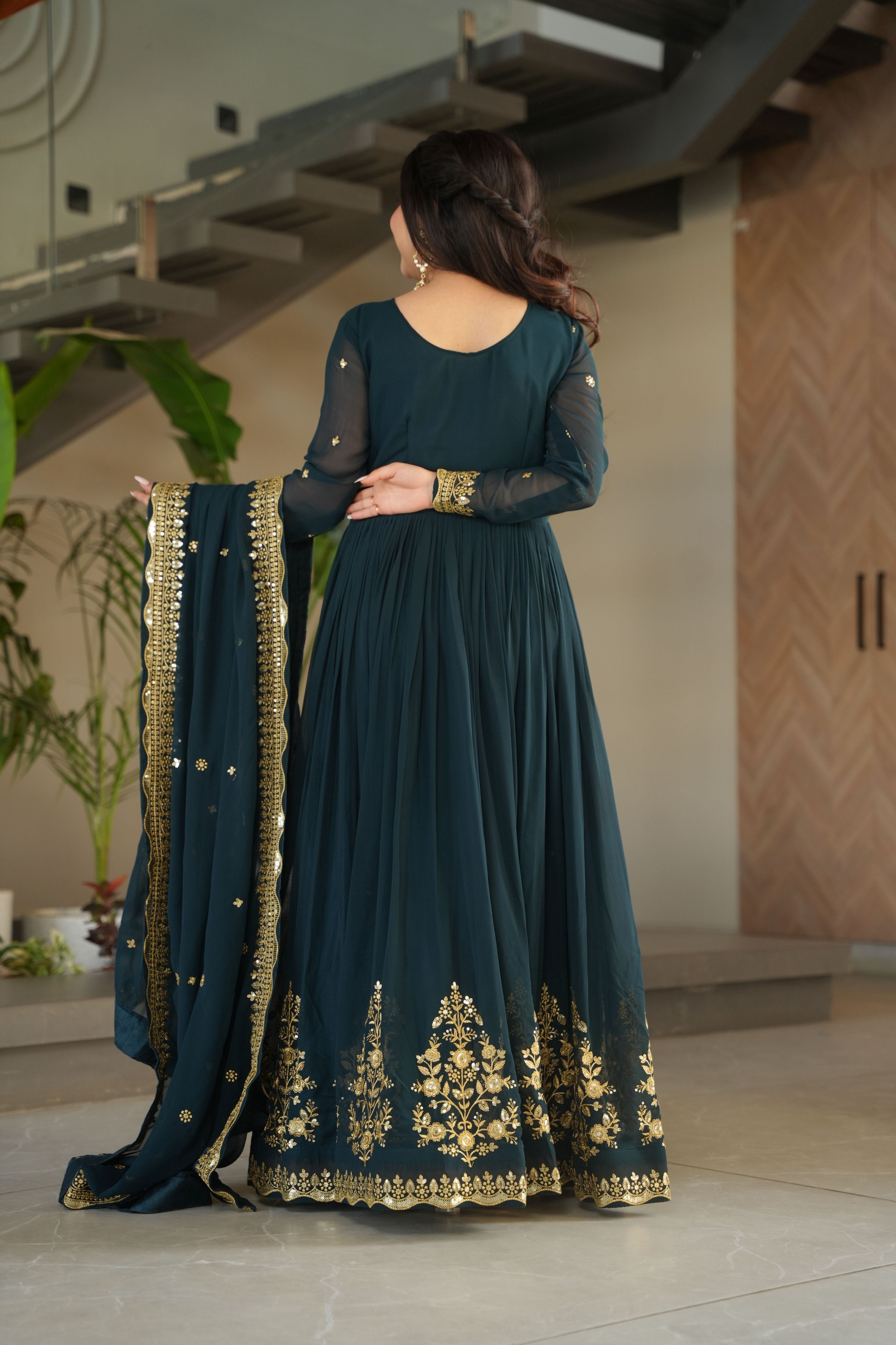 Jyoti Fashion Women's Rama Faux Georgette Zari Thread & Sequins Embroidered Anarkali Set with Dupatta - Distacart