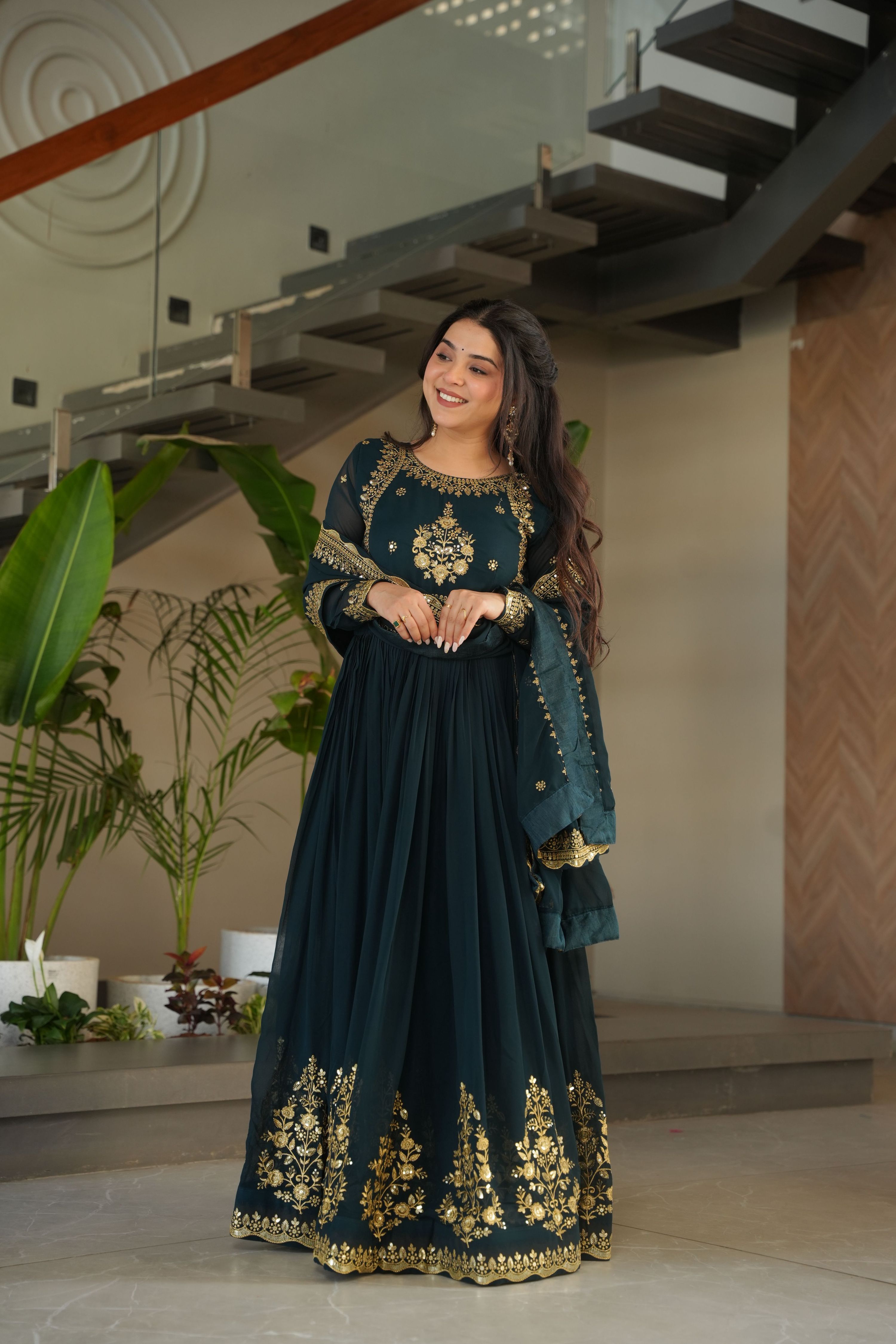 Jyoti Fashion Women's Rama Faux Georgette Zari Thread & Sequins Embroidered Anarkali Set with Dupatta - Distacart