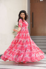 Thumbnail for Jyoti Fashion Women's Pink Faux Georgette Floral Printed Designer Long Anarkali - Distacart