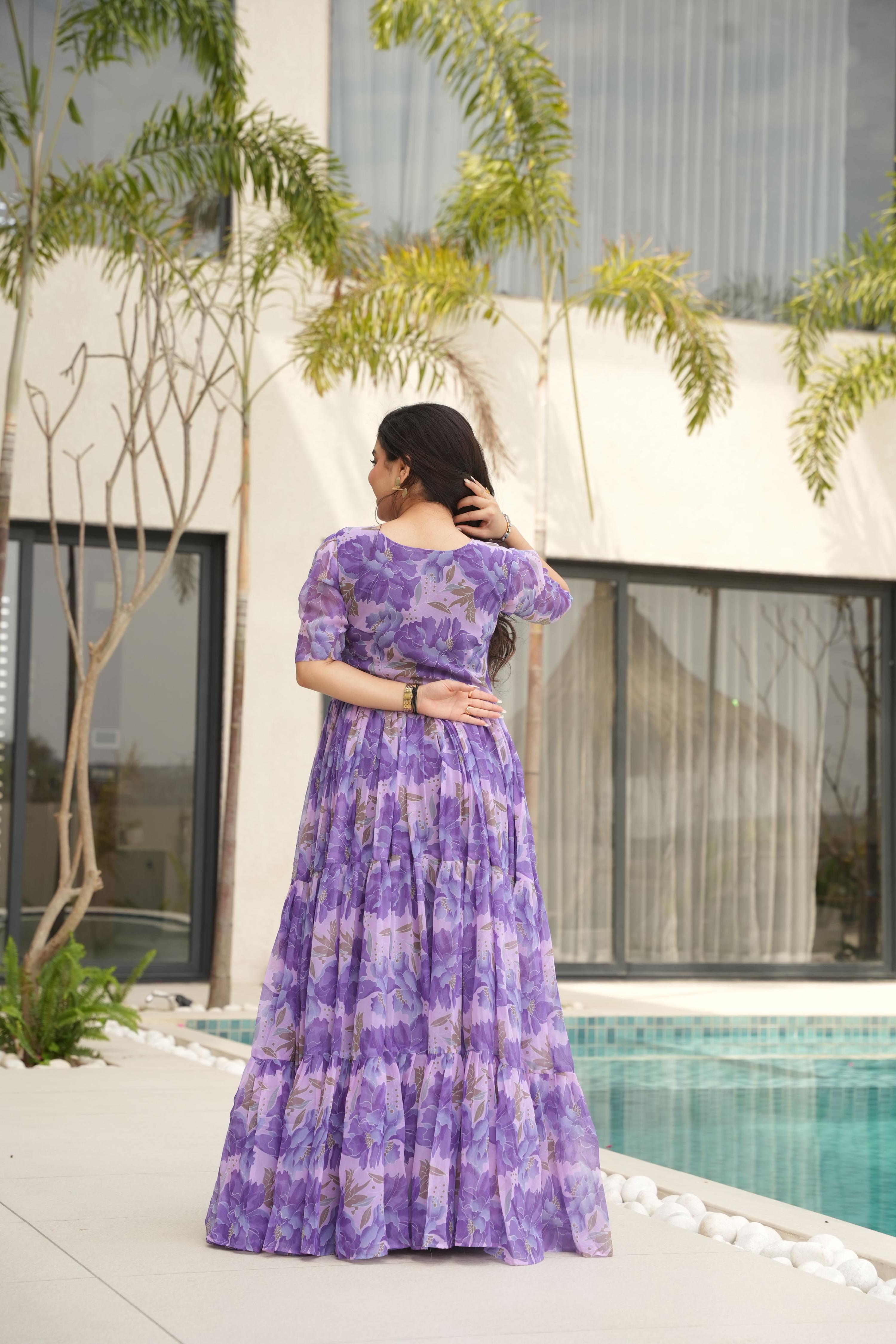 Jyoti Fashion Women's Purple Faux Georgette Floral Printed Designer Long Anarkali - Distacart