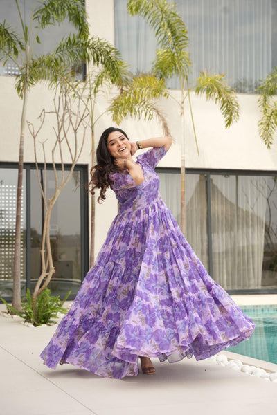 Jyoti Fashion Women's Purple Faux Georgette Floral Printed Designer Long Anarkali - Distacart