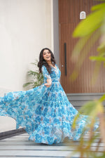 Thumbnail for Jyoti Fashion Women's Sky Blue Faux Georgette Floral Printed Designer Long Anarkali - Distacart