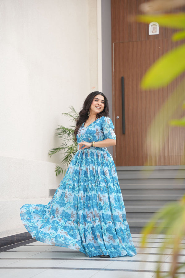 Jyoti Fashion Women's Sky Blue Faux Georgette Floral Printed Designer Long Anarkali - Distacart