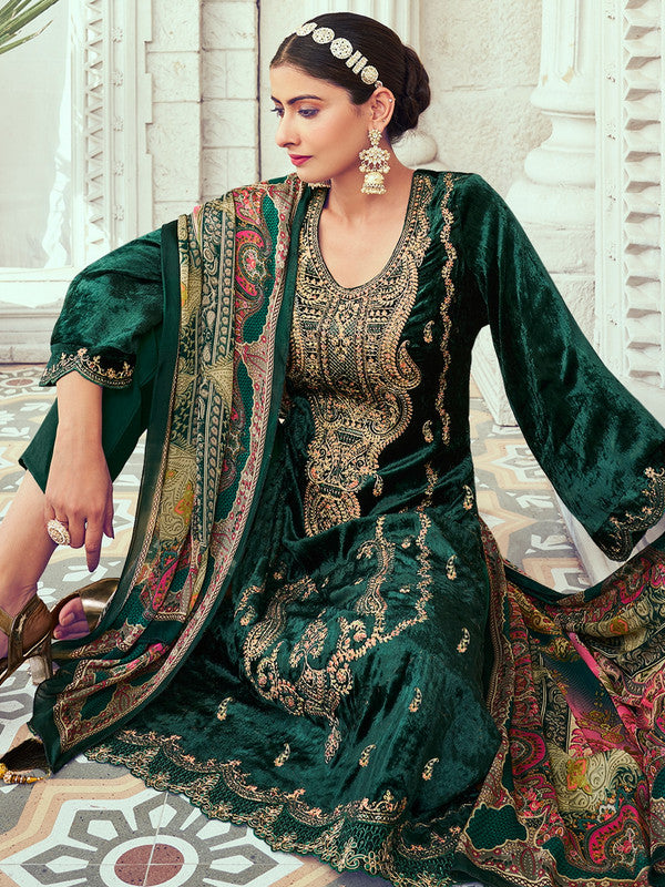 Jyoti Fashion Women's Green Velvet Cording with Digital Printed Kurta with Trouser & Dupatta - Distacart
