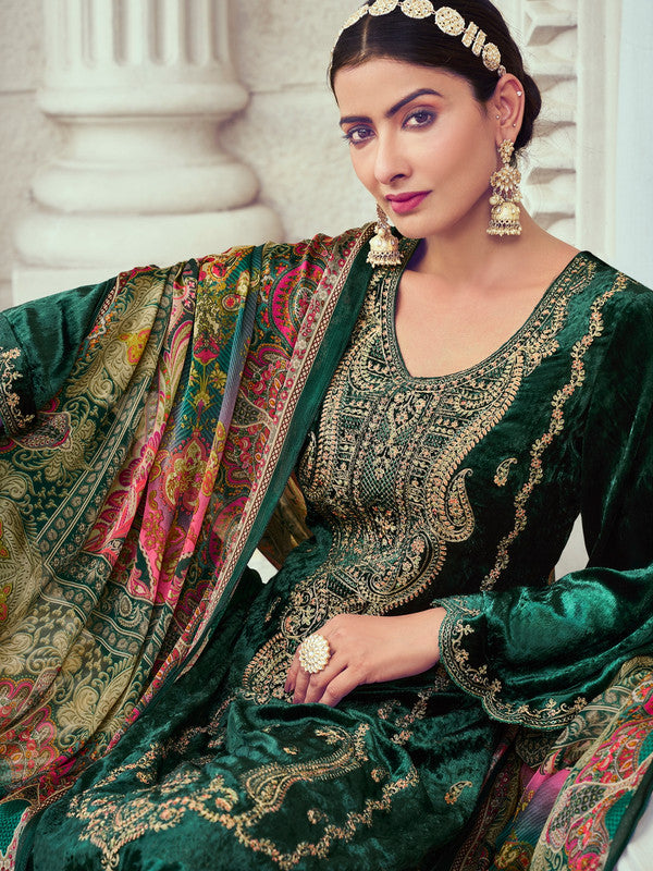 Jyoti Fashion Women's Green Velvet Cording with Digital Printed Kurta with Trouser & Dupatta - Distacart