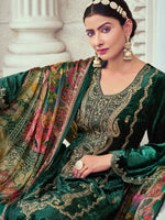 Thumbnail for Jyoti Fashion Women's Green Velvet Cording with Digital Printed Kurta with Trouser & Dupatta - Distacart