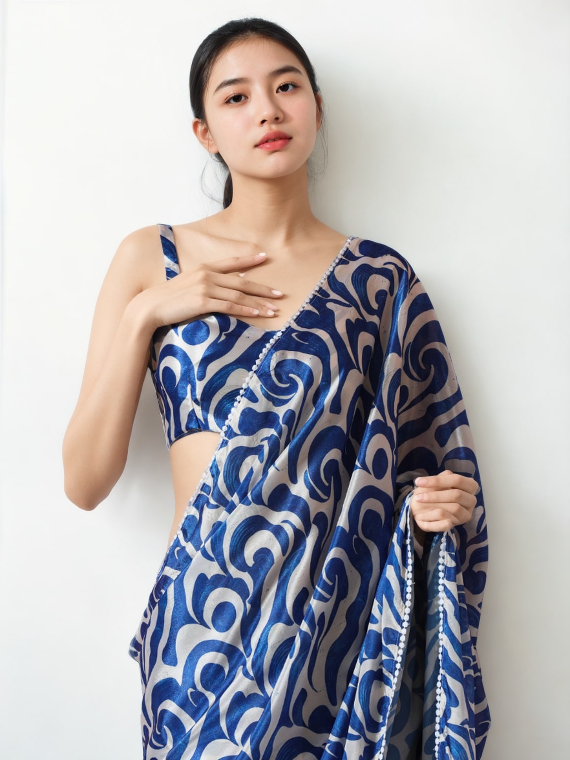 Jyoti Fashion Women's Blue Chinon Digital Printed Ready To Wear Saree with Blouse - Distacart