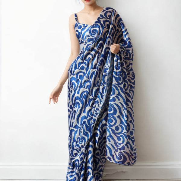 Jyoti Fashion Women's Blue Chinon Digital Printed Ready To Wear Saree with Blouse - Distacart