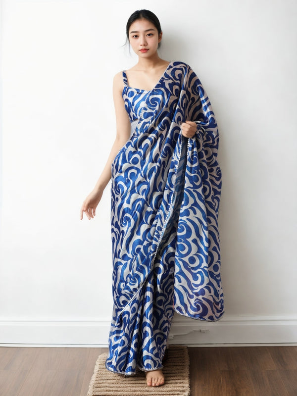 Jyoti Fashion Women's Blue Chinon Digital Printed Ready To Wear Saree with Blouse - Distacart