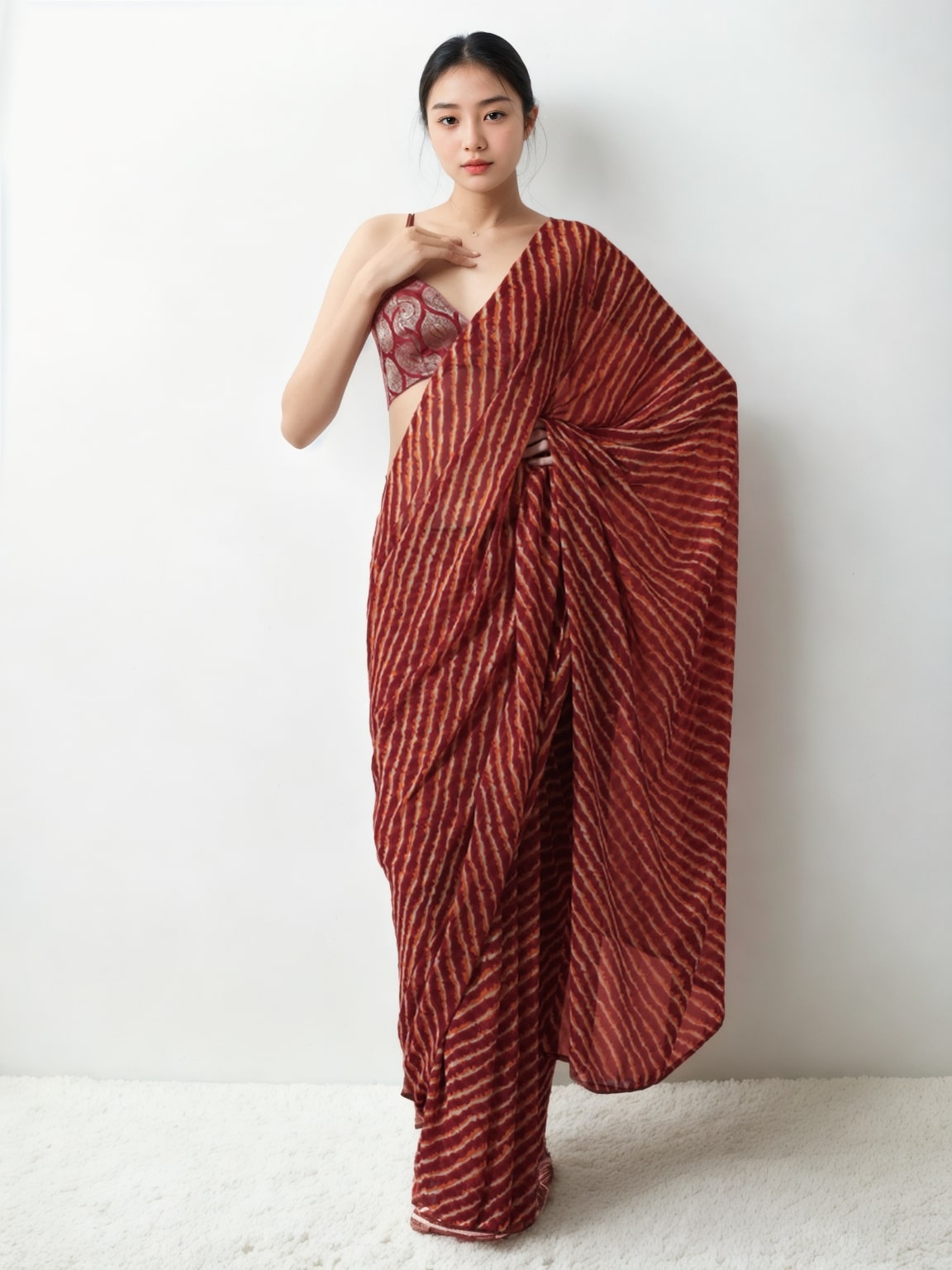 Jyoti Fashion Women's Maroon Marble Chiffon Printed Ready To Wear Saree with Blouse - Distacart