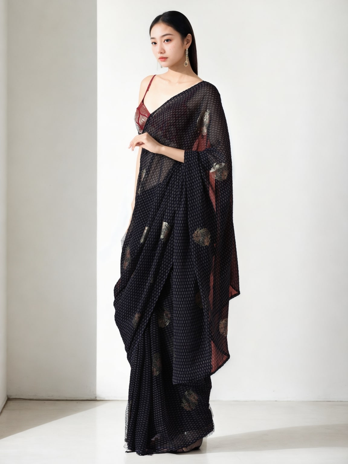 Jyoti Fashion Women's Black Marble Chiffon Printed Ready To Wear Saree with Blouse - Distacart