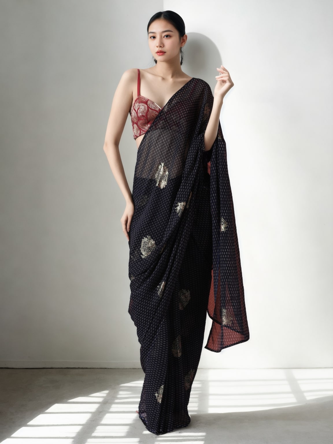 Jyoti Fashion Women's Black Marble Chiffon Printed Ready To Wear Saree with Blouse - Distacart